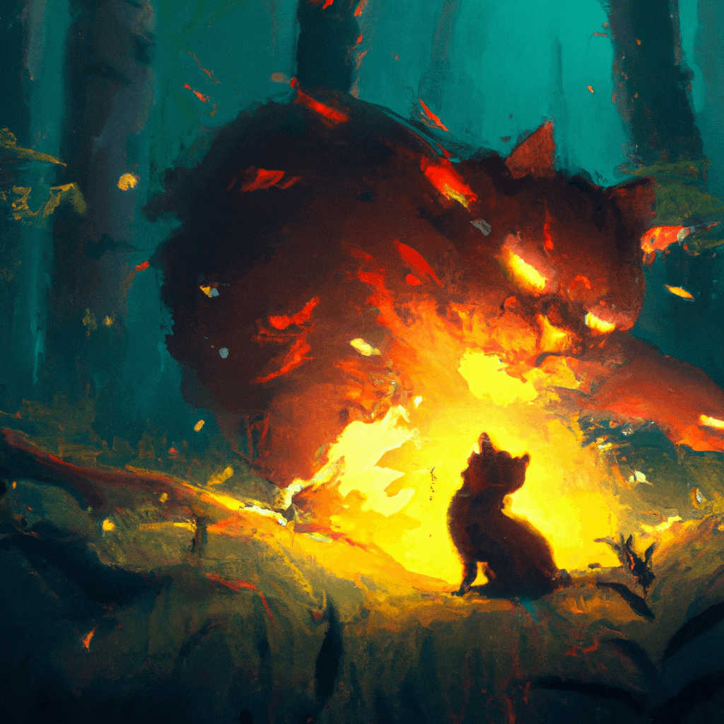 artwork with title a cat fighting a fierce bear in the middle of a forest on fire