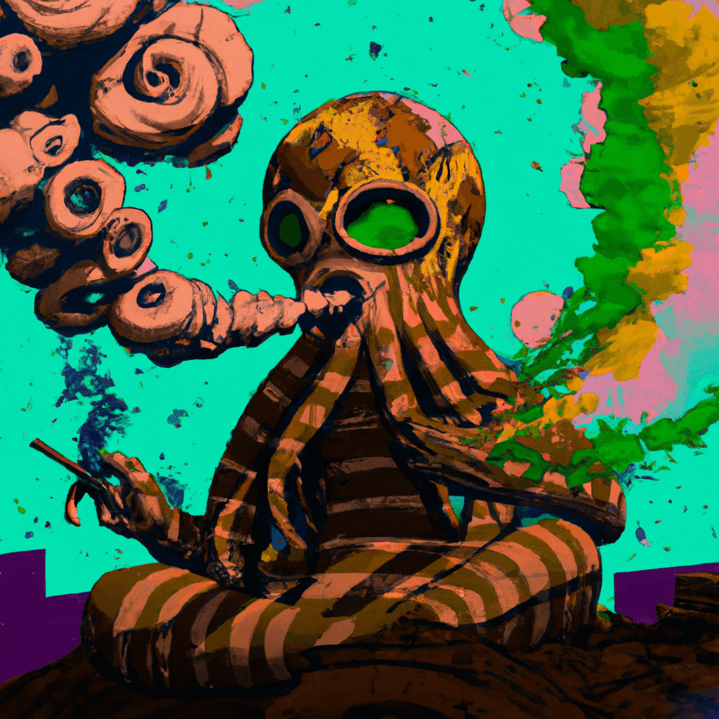 artwork with title Cthulu smoking a blunt while the earth is burning