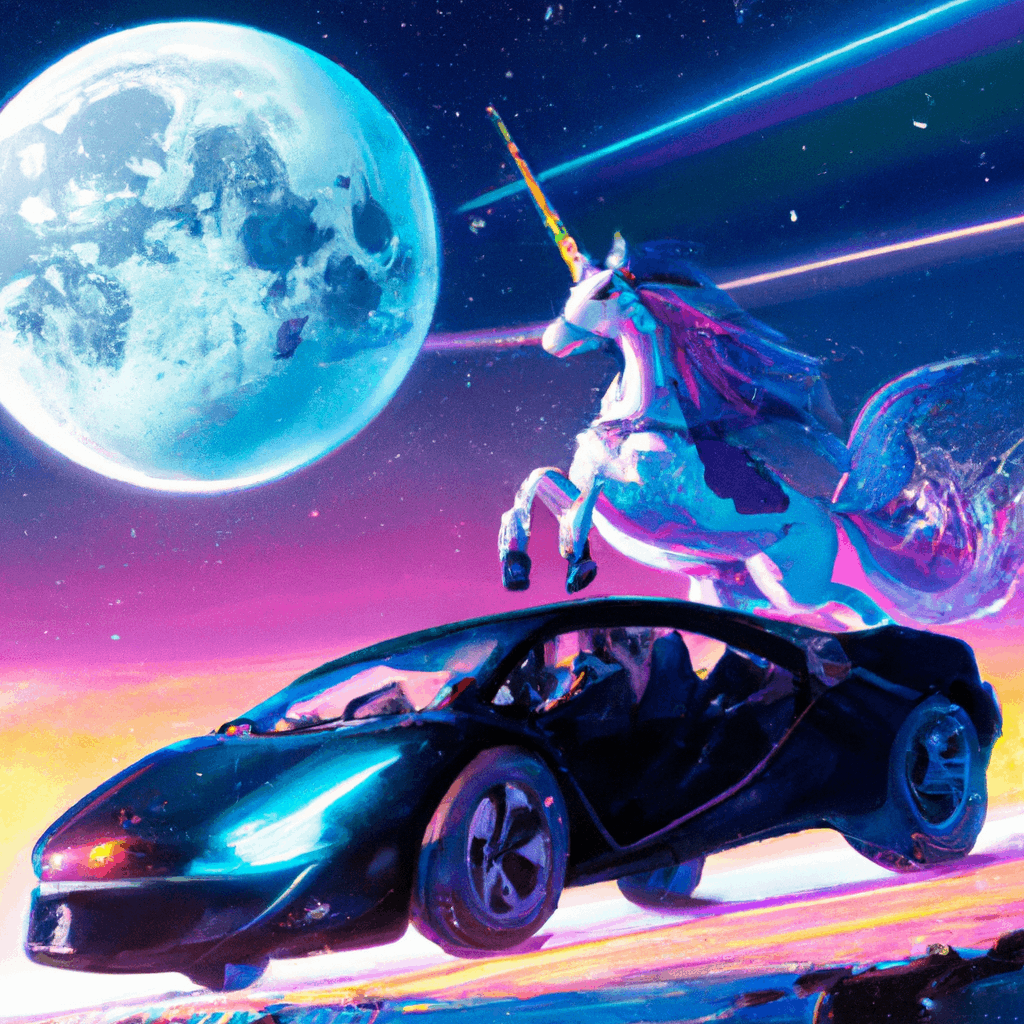 artwork with title A unicorn driving a Lamborghini in outer space with the moon visible